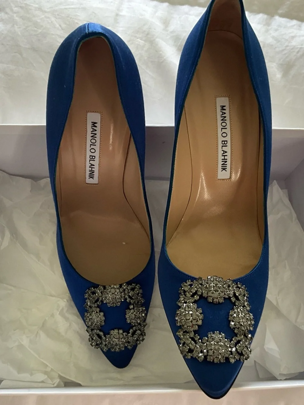Manolo Blahnik Royal Blue Satin Pointed-Toe Crystal Buckle Pumps
